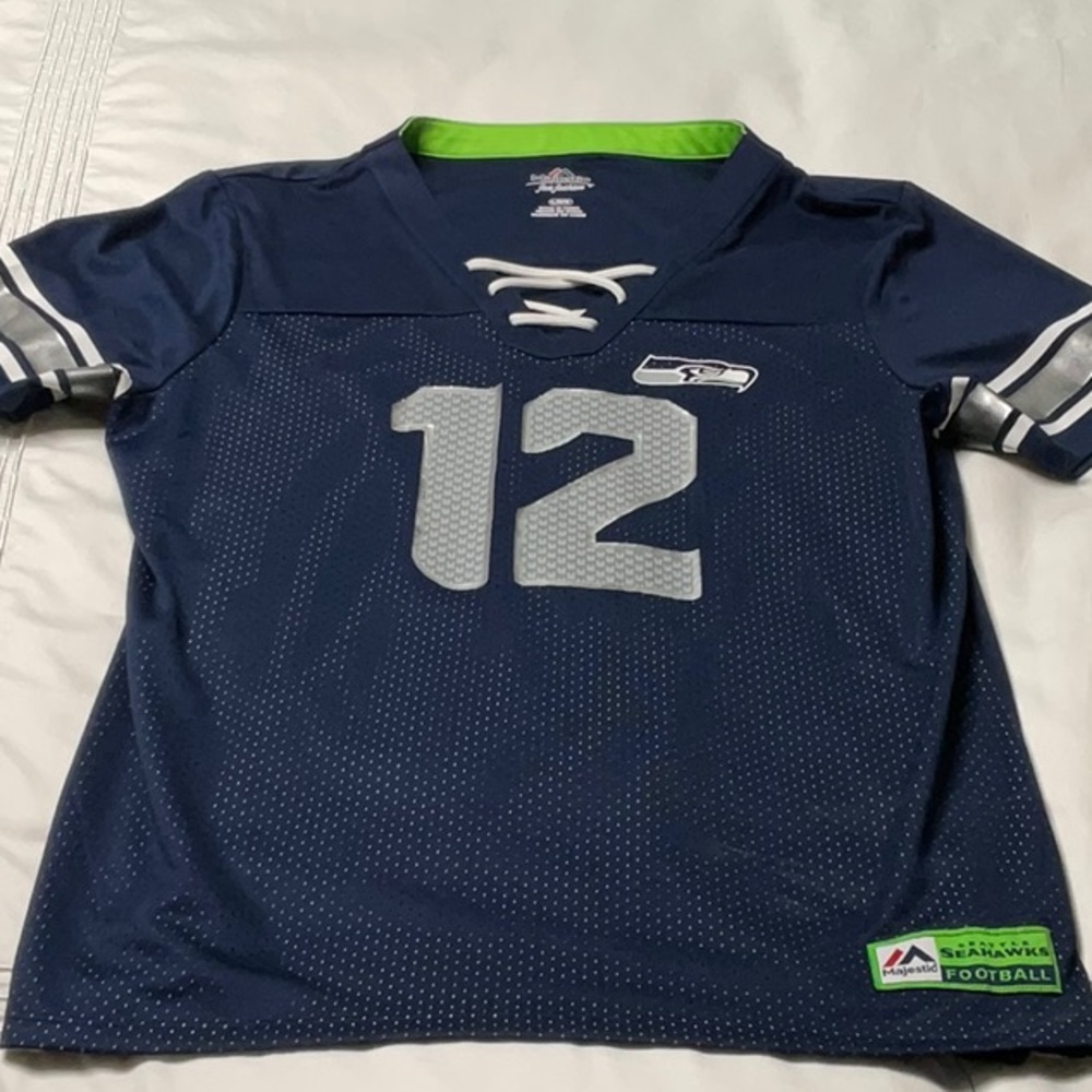 Seahawks Majestic Navy and Silver Women’s Jersey - Picture 4 of 5